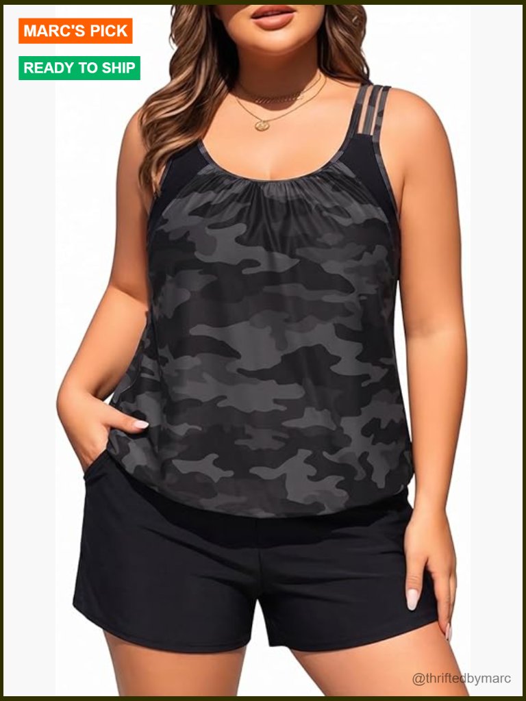 Plus Size Tankini Swimsuit Two Piece Blouson Tummy Control Racerback Top With